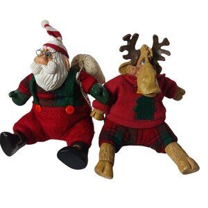 Russ Santa & Moose Christmas Shelf Sitters Red & Green Plaid Outfits Figurines 6